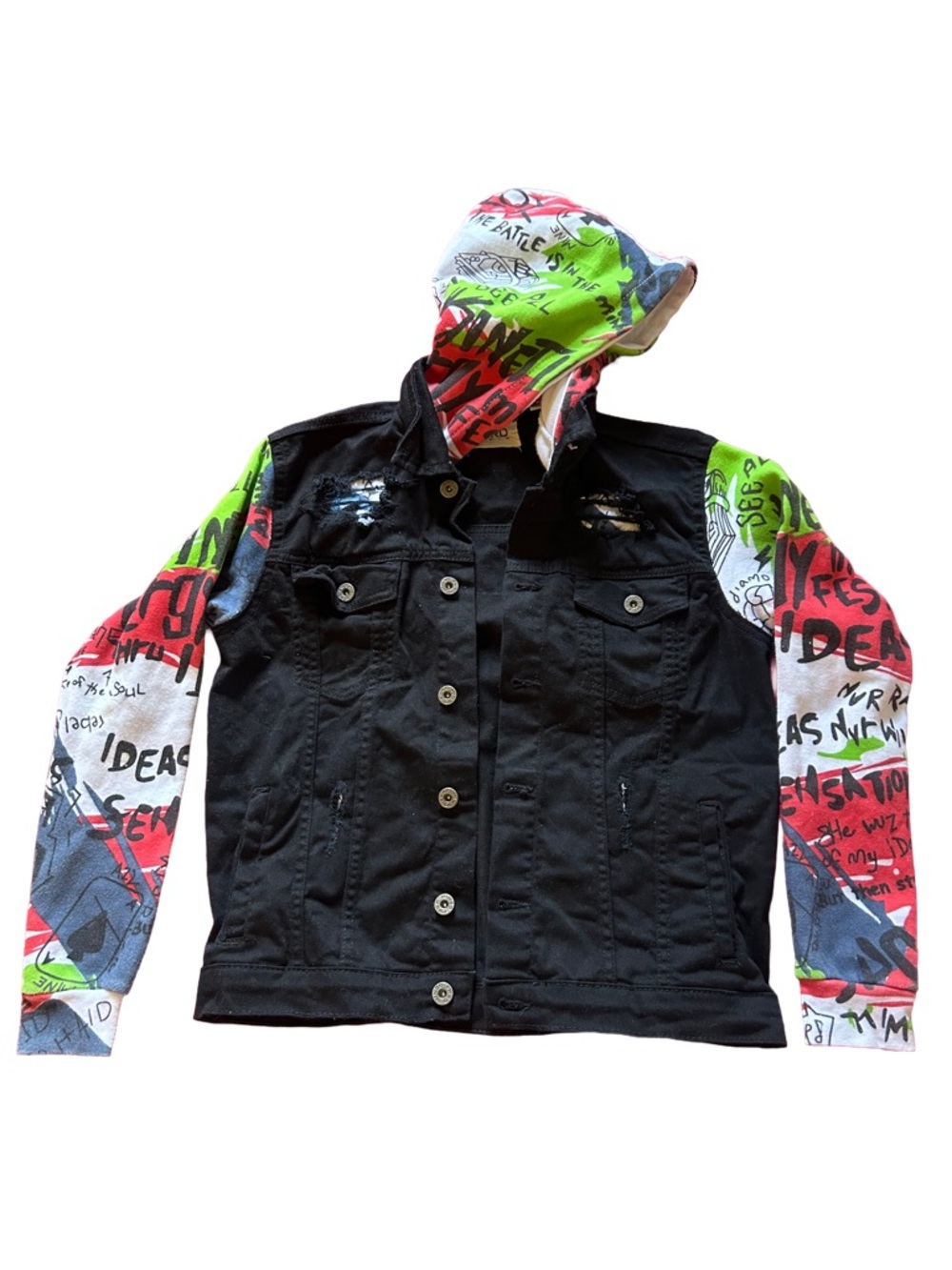 Black Denim Jacket with Graffiti Graphic Hoodie Sleeves